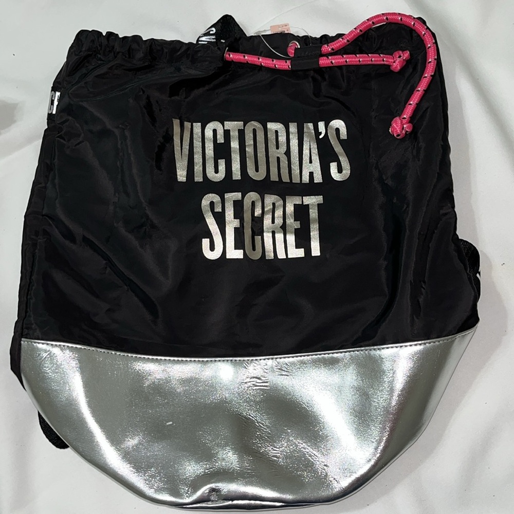 Victoria's Secret Black and Silver Drawstring Bag